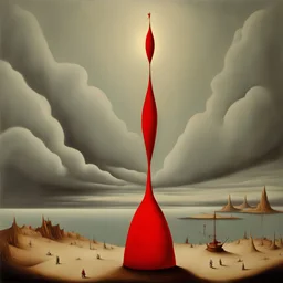 Odd open space, metaphysical, giant red object, very detailed, person, Yves Tanguy