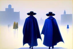 two people in capes and hats seen from behind walking side by side in an empty foggy plain, above there is blue sky by artist "Leonora Carrington"