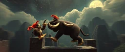 donkey kong clowns lying when he repeats everything you say, bear ant eater elephant floating in 4 dimensional platform game, goa trance movie poster, stylized art, pin hole photo, motion blur