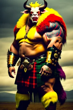 a Monster. who is big and has patch work scaling for skin. and horns. he is also wearing a Scottish clan kilt that's yellow black and red.