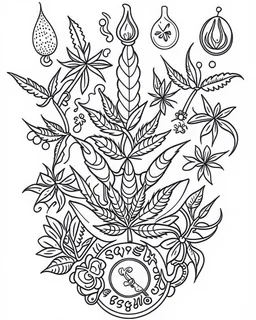 outline art for stoners coloring pages with A very simple and super minimal design featuring A mystical tree of life with cannabis leaves as the fruit., white background, sketch style, fully body, only use outline, cartoon style, clean line art, white background, no shadows and clear and well outlined