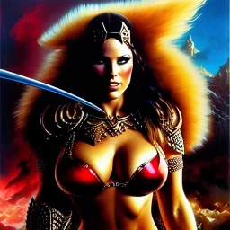 portrait oil on canvas,beautiful busty Female Warrior, minimal armor,comic book cover, mystical colors,insanely detailed,realistic,intrincate detail,crystal clear eyes, 16k resolution, masterpiece,Simon Bisley,Frank Frazetta,Alex Horley,ARTHUR ADAMS