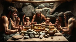 A stone-age feast, Paleolithic banquet, stone utensils, Neanderthal families with children, award-winning photograph, exquisite detail and realism