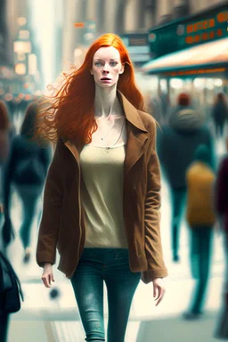 slim redhead woman walking across a busy street