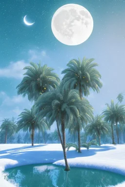 1980's aesthetic vaporwave palm trees with lighting with moon in the winter snow