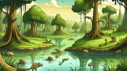 Cartoon illustration for children: Cenozoic swamp, millions of years ago, with towering prehistoric trees