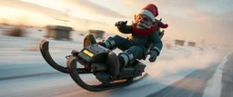 close up on gnome troll hit man with rocket boots in suit on a mech sled doing jumping stunt in winter wasteland, style of fallout 4, high speed with motion blur, on elevated road, gnome doing a cool pose on the sled, standing on knee with one hand on sled