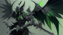 demonio de armadura negra y verda y alas negras con plumas sosteniendo una lanza verde