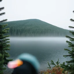 A polaroid photo of a group of fir trees in the background and a high hill in the distance. A person. A lake. The surface below is in a pastel color. Fog is present.