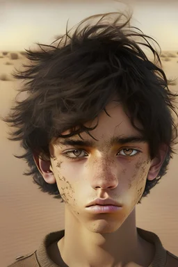 a 15 year old boy with tumbleweed skin neatly army trimmed hair with a slightly protruding upper jaw with medium sized dark brown eyes and very slightly skinny and very light eyebrows