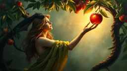 Masterpiece, Fairytale Atmosphere, Haze, Textured Oil Painting with Visible Brushstrokes, Eve in Leafy Clothing in the Garden of Eden Reaches for an Apple, A Serpent Perched on an Apple Tree Branch, Detailed and Effective Lighting Creates a Magical, Fairytale Picture. Detailed and Effective Lighting Creates a Magical, Fairytale Image. Realistic, Volumetric Lighting, Mixed Media, Surreal Futuristic Portrait, Glow, Textured, 3D, 8K, Best Quality, Fine Art, High Detail, Hyperrealism, High Resolutio