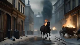 dusting of snow, Victorian London Street in ruins, horse running toward the viewer, the horse has caught fire, war scene, Apocalyptic, photo-realistic, widescreen, cinematic,