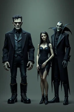 8k UHD, Hyper-realistic. professional quality DSLR photograph. The Munthers – Gothic Monster Family Morty Munther: standing in the center - Towering Frankenstein-style father - Flat-topped head, neck bolts, stitched features - Pale gray-green skin, short black hair - Wears a heavy black wool suit and tall platform boots - Gentle giant with a crooked grin Lila Munther: standing next to Morty - Elegant vampire matriarch - Pale, light olive-green skin with a spooky glow - Long bl