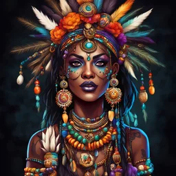 Illustration of a beautiful witch doctor woman with colorful talismans and bone ornaments in hair, dark background