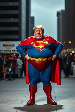 a thoroughly confused, elderly and morbidly obese donald trump standing dressed as superman