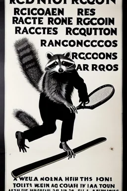 old man in 1928 poster advertising racoon tennis, raccons flying in air between tennis rackets