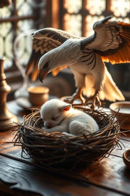 demon [A tiny white puppy curled up in a nest on a medieval wizard's table]. Shot with a macro lens (f/2.8, 50mm) and a Canon EOSR5, the soft focus captures [the cozy morning light filtering through a nearby window]. The pastel colors and whimsical steam shapes enhance the serene atmosphere, evoking a DnD RPG setting. The image is rendered in 16K and 8K, highlighting [the intricate details and medieval charm] an eagle protecting the puppy