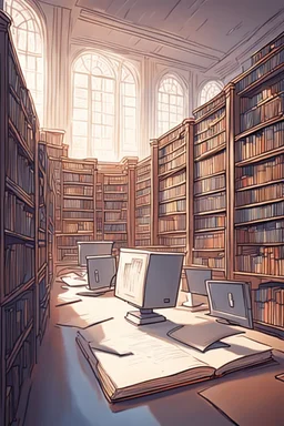 Library, state-of-the-art computers, book search. High-quality drawing, 8K