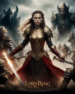 Movie Poster Lord of the Ring text image,facing long exposure dramatic photography,confident face front view, beautiful elf princess women dramatic action pose fighter holding engrave sword, wearing dress ornaments mechanical armor, intricate armor, delicate golden engrave, intricate engrave, black and red metalic parts, detailed part, dynamic pose,on fight with surrounded by ghost orcs soldiers landscape mountain fire background,Sony Alpha 7 50mm 1.8,medium shot, high-resolution image with fine