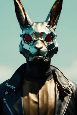 Medium Close Up Portrait, Front image. cyberpunk, rabbit mask, British man, white short hair. leather, gold suit. White, black, red, color. Retro futuristic style. Color background, photo studio. Avatar image, highly detailed, concept art, smooth, unreal engine 5, god rays, ray tracing, RTX, lumen lighting, ultra detail, volumetric lighting, 3d, finely drawn, high definition, high resolution.