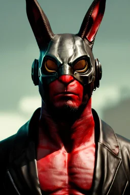 Medium Close Up Portrait, Front image. cyberpunk, rabbit mask helmet, strong man, titanium hair. Leather suit. Black, red, color. Hellboy style. Color background, photo studio. Avatar image, highly detailed, concept art, smooth, unreal engine 5, ray tracing, RTX, lumen lighting, ultra detail, volumetric lighting, 3d, finely drawn, high definition, high resolution.