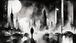 futuristic modern dark night metropolis man drunk in the distance. Watercolor drawing in black and white style. a lot of black