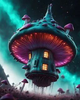 A singular weird floating mushroom house in space. platinum, white, teal and tetradic colors , Dark cosmic galactic interstellar. Detailed Matte Painting, deep color, fantastical, intricate detail, splash screen, hyperdetailed, insane depth, concept art, 8k resolution, trending on Artstation, Unreal Engine 5, color depth, backlit, splash art, dramatic, High Quality Whimsical Fun Imaginative unusual, good composition