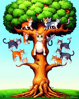 You can replace the word cat with your favourite animal! I used Flux A stylized artwork depicts in the very foreground, a majestically contorted tree. Various large cats of various colors are present in the tree. The cat's depictions feature elongated necks, large eyes, varying body types (some with large bellies, others slender), prominent whiskers, and long tails