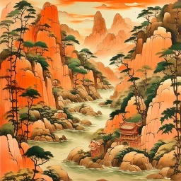 A light rosy orange colored oriental gorge with pandas designed in Chinese paper art painted by Cai Jia