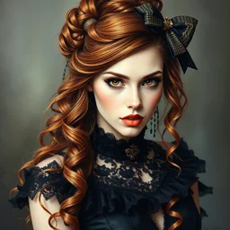 Center of image, 30 pixel white border, oil painting, wet-on-wet airbrush, ultra-detailed, 4K resolution, hyper-realistic gothic steampunk woman with long, flowing curls of auburn caramel hair, tied up in a messy bun with a stylish black and gold bow, featuring woven hair accessories, expressive brown eyes that emphasize her appeal, bronze lipstick, and a creative gothic Victorian-style dress made of black, layered, off-the-shoulder lace and metallic metallic. Highly detailed, photorealistic air