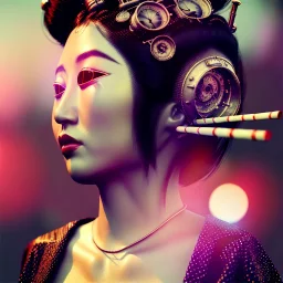 Ultra Realistic photo, medium shot view, geisha women, carnival scene, futuristic steampunk. hair monster, Drunken, Sunglasses, smoking, happy, hot. Cabaret background, highly detailed, concept art, unreal engine 5, ray tracing, RTX, lumen lighting, ultra detail, volumetric lighting, 3d, finely drawn, high definition, high resolution.