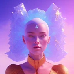 A portrait of a crystalised blue pink extraterrestrial, gold, diamonds, sunny background, atmospheric, realistic, unreal engine, 8k. Cinematic lighting, octane render.