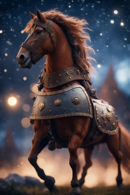 war horse, epic hero norseman with wild hair, short ears, and big holy ornamented shield Under stjerners gnist Vi går som ett, vår tro et løfte ,bokeh like f/0.8, tilt-shift lens 8k, high detail, smooth render, down-light, unreal engine, prize winning