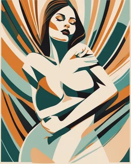 Esboço linear do corpo de uma mulher, with her arms cover her chest line fluid abstract, art style by Coco Vandi, retro minimal, trendy art, art style by Eckhart Tolle and Fabio Hurtado