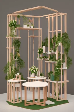 Corner exhibition stand in light colors with wood elements and floristry with two meeting areas