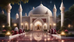 Hyper Realistic people praying outside Beautiful-Decorated-Huge-White-Brick-Mosque with maroon-marble-flooring & Beautiful-Garland-Light-&-Decorations surrounded by a beautiful garden-&-Water-Fountain at beautiful dark night with stars on sky