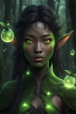 Druid, Elf, Mongolian face, Japanese face, green glowing eyes, black hair, dark skin, mossy, natural, mystic, 3d Fantasy Art, detailed, realistic, shabby, black dress, majestic, forest, fireflies, woody