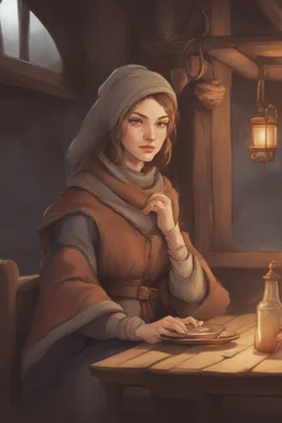 DnD style, medieval beautiful woman dressed in warm winter clothes sitting in a tavern sitting across from viewer