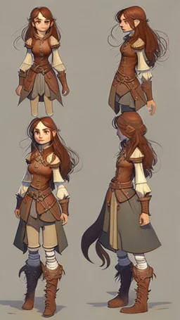 turnaround character of a girl, brown hair, she wears fantasy medieval clothes, she is slim, full body with boots