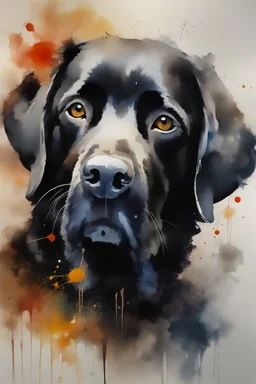 A portrait of black Labrador by Willem Haenraets, watercolor, wet on wet and splattering techniques, centered, perfect composition, abstraction, surrealism