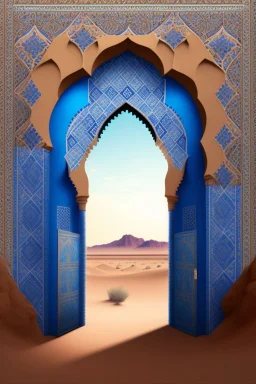 An open gothic_arab doorway in a tiled blue wall with a view of a desert landscape