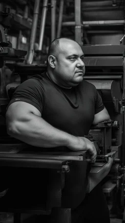 robust muscular turkish chubby 35 year old man in tracksuit, printer in an old printing house, next to a huge old printer, dim light, side light, ambient occlusion