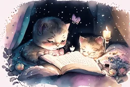 cute chibi cat mother reads a fairytale book to his baby kitten in a bed, flower tapestry, in a bedroom in candlelight, S<AI, watercolor and black ink outlines, soft, shading strokes, light pastel colors, ethereal, cinematic postprocessing, bokeh, dof