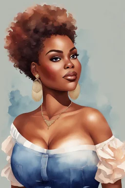 create a watercolor illustration of a plus size dark skinned black female wearing Tight blue jeans and a hazel brown off the shoulder blouse. Prominent make up with long lashes and hazel eyes. She is wearing brown feather earrings. Highly detailed short pixie cut