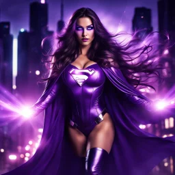 super pretty woman, purple long haired, big bubs, good body, dressed with a mini purple super hero siut, cape, shining eyes and plasma light on hands flying over the darkness city