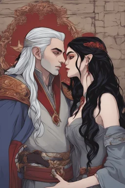 A couple from the dnd game curse of Strahd kissing. She has white hair he has long black hair.