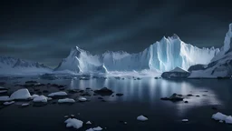 antarctica at night,glaciers,lakeside,8k, volumetric lighting, Dramatic scene,