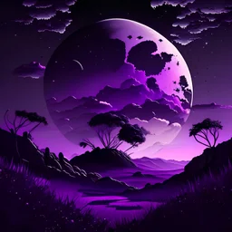 Make a landscape with a sky and a moon. make them black and purple. i want it cartoonish