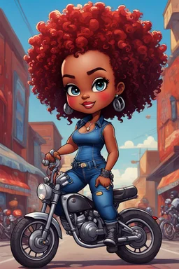 expressionism art illustration of the chibi cartoon character, a voluptuous black female in a blue jean outfit with biker boots. Her prominent makeup and hazel eyes, along with her detailed red curly tight afro, are featured in this image, set against the background of a lively bike show.