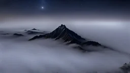 looking down at misty foreground and night sky background, no sun, single sharp narrow mountain peak coming through the mist in the center